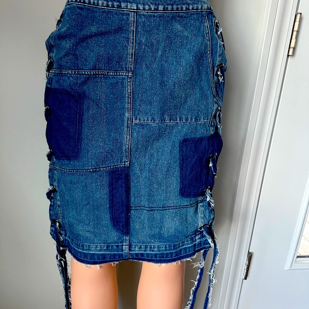 Blue Knee-Length Pencil Skirt with Cut Out Design